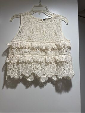 Zara Cream Lace Ruffle Cropped Tank